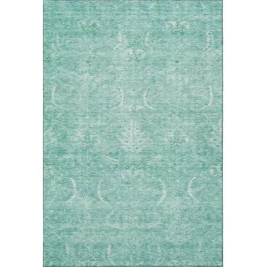 Aqua And Ivory Damask Washable Area Rug With UV Protection Photo 3