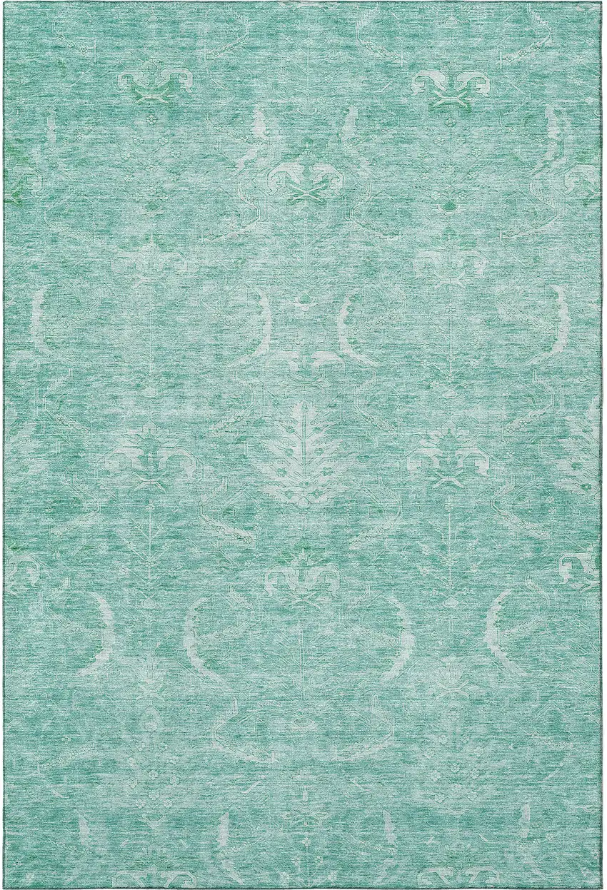 Aqua And Ivory Damask Washable Area Rug With UV Protection Photo 3