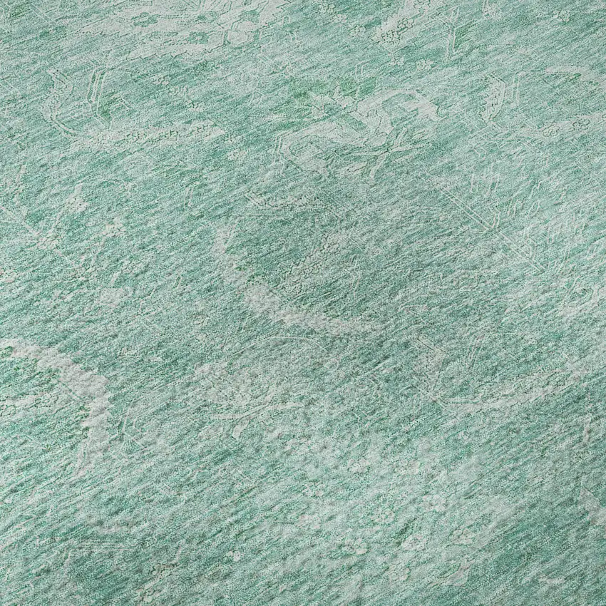 Aqua And Ivory Damask Washable Area Rug With UV Protection Photo 9