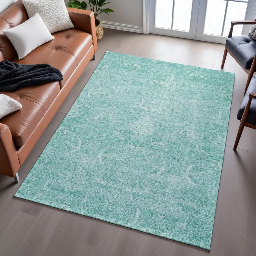 Aqua And Ivory Damask Washable Area Rug With UV Protection Photo 5