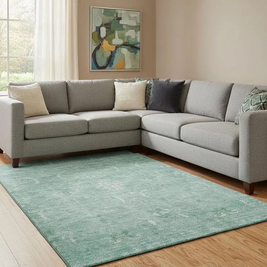 Aqua And Ivory Damask Washable Area Rug With UV Protection Photo 2