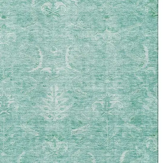 Aqua And Ivory Damask Washable Area Rug With UV Protection Photo 2