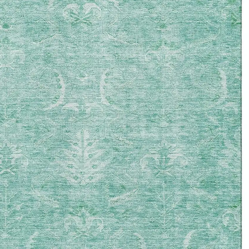Aqua And Ivory Damask Washable Area Rug With UV Protection Photo 2