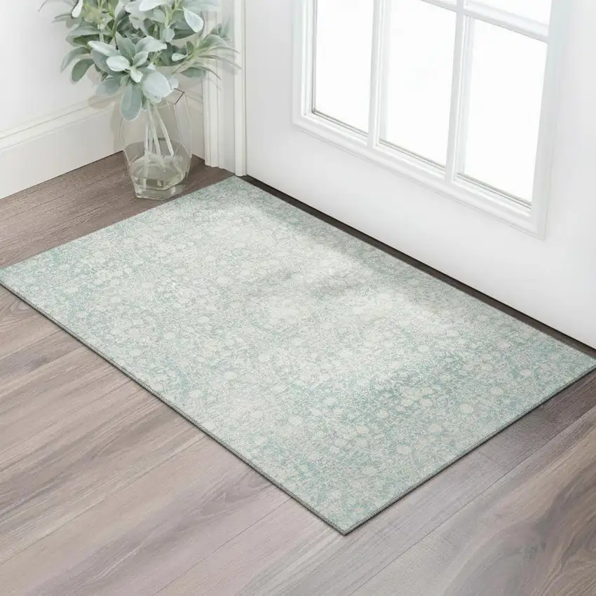 Aqua And Ivory Damask Washable Area Rug With UV Protection Photo 2