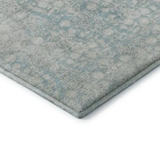 Aqua And Ivory Damask Washable Area Rug With UV Protection Photo 7