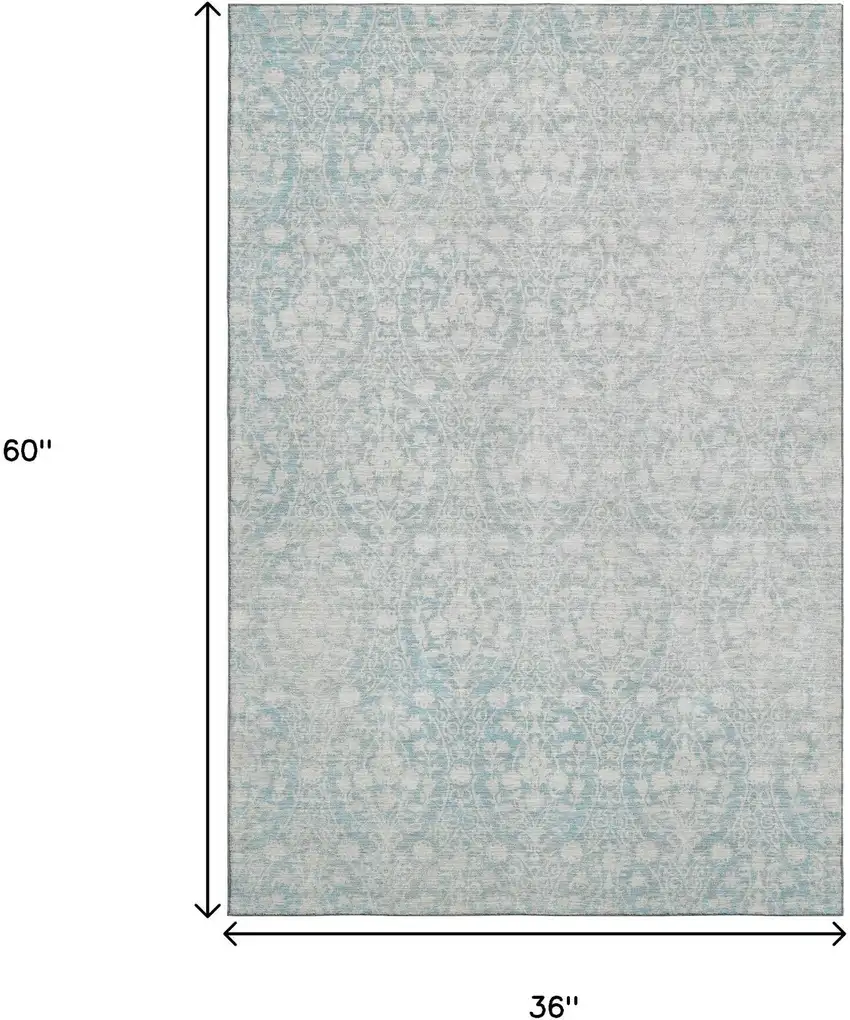 Aqua And Ivory Damask Washable Area Rug With UV Protection Photo 3