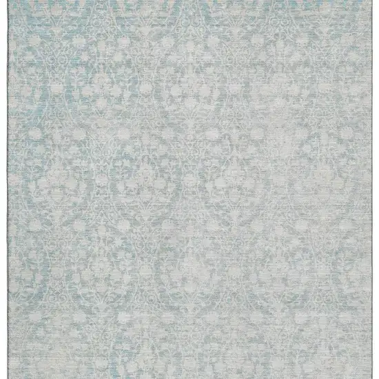 Aqua And Ivory Damask Washable Area Rug With UV Protection Photo 3