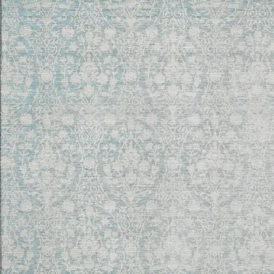 Aqua And Ivory Damask Washable Area Rug With UV Protection Photo 2