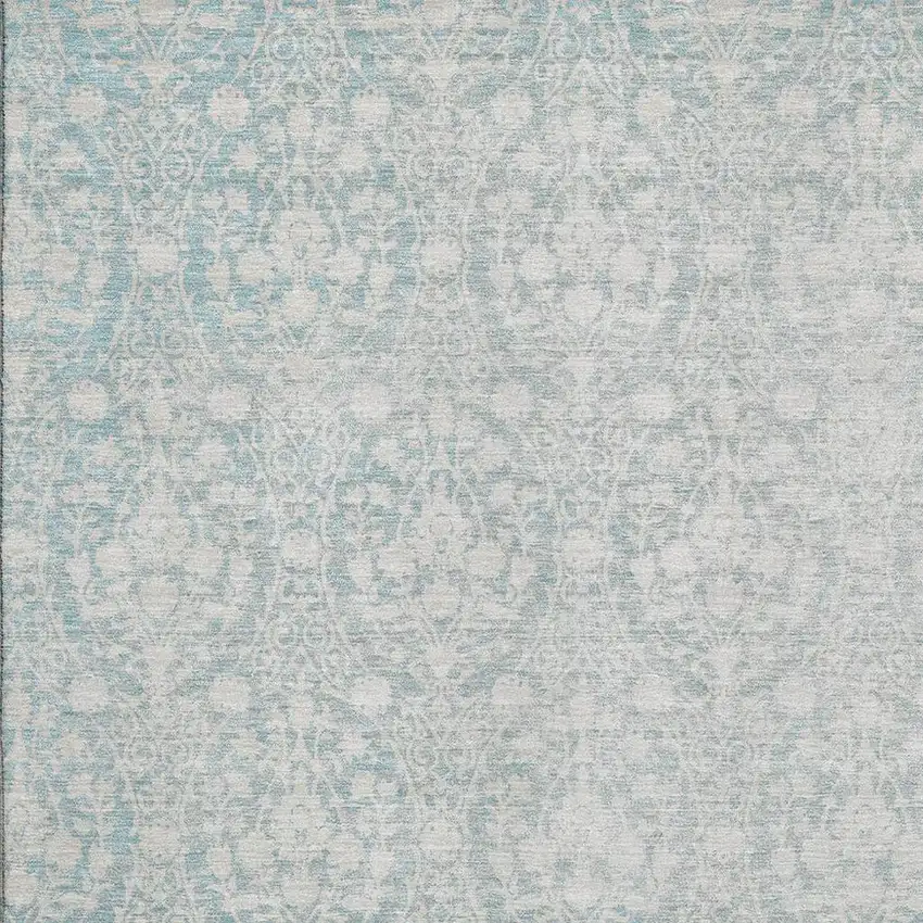 Aqua And Ivory Damask Washable Area Rug With UV Protection Photo 2