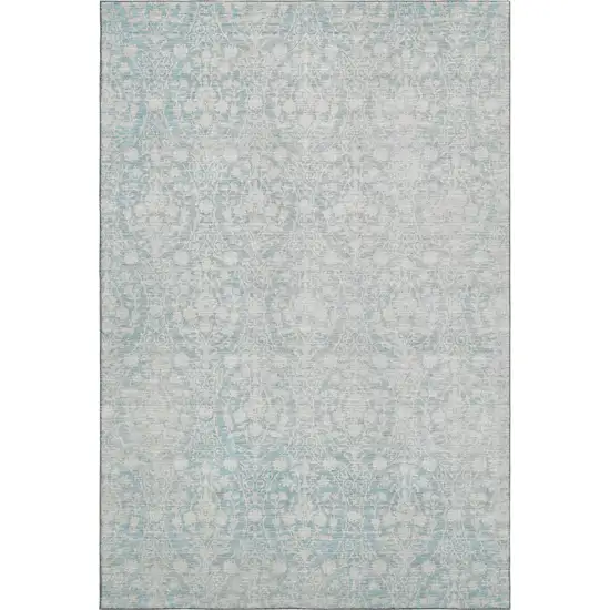 Aqua And Ivory Damask Washable Area Rug With UV Protection Photo 1