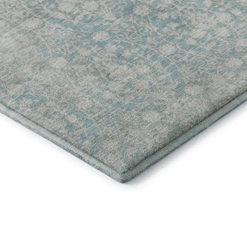 Aqua And Ivory Damask Washable Area Rug With UV Protection Photo 7