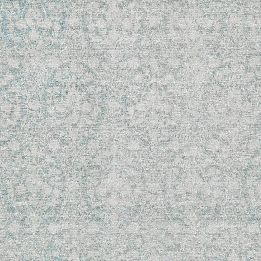 Aqua And Ivory Damask Washable Area Rug With UV Protection Photo 2