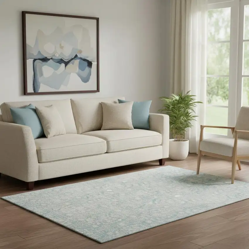 Aqua And Ivory Damask Washable Area Rug With UV Protection Photo 2