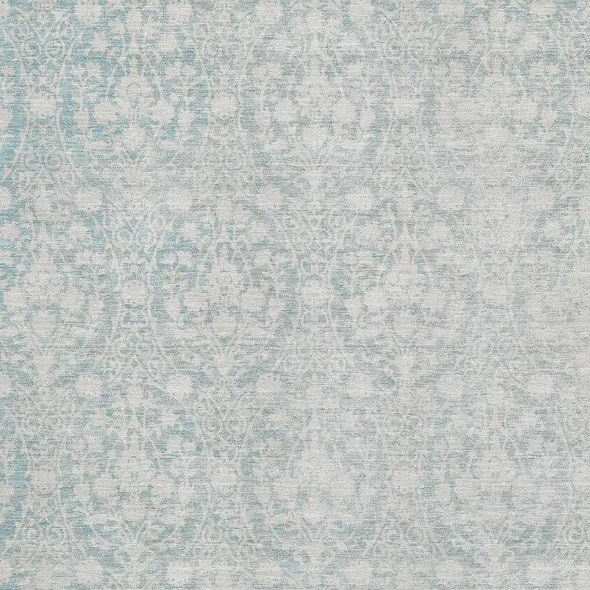 Aqua And Ivory Damask Washable Area Rug With UV Protection Photo 2