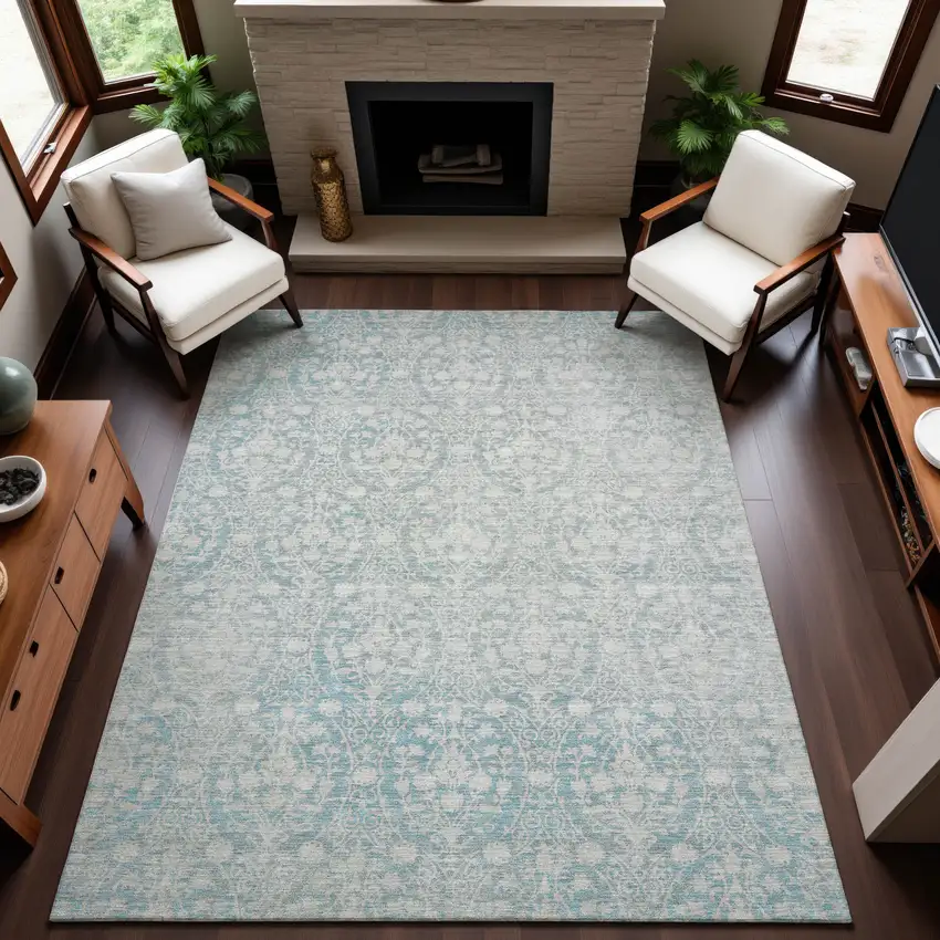 Aqua And Ivory Damask Washable Area Rug With UV Protection Photo 5