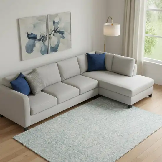 Aqua And Ivory Damask Washable Area Rug With UV Protection Photo 2