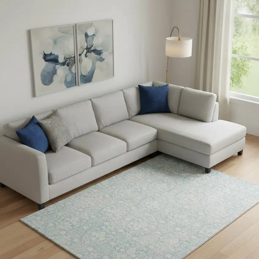 Aqua And Ivory Damask Washable Area Rug With UV Protection Photo 2