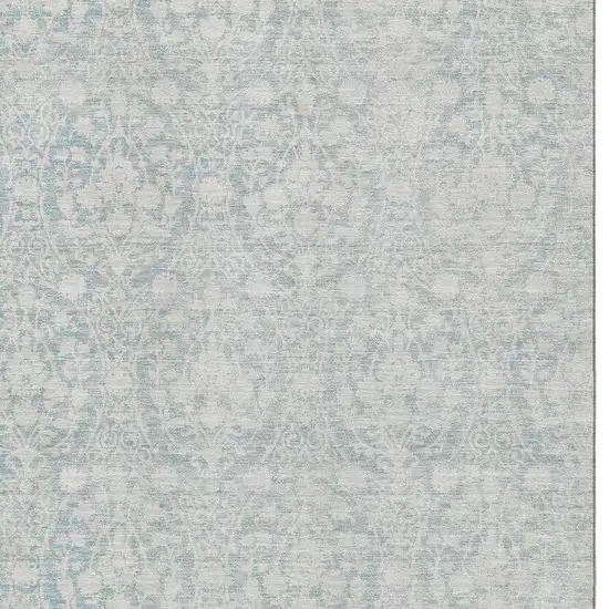 Aqua And Ivory Damask Washable Area Rug With UV Protection Photo 3