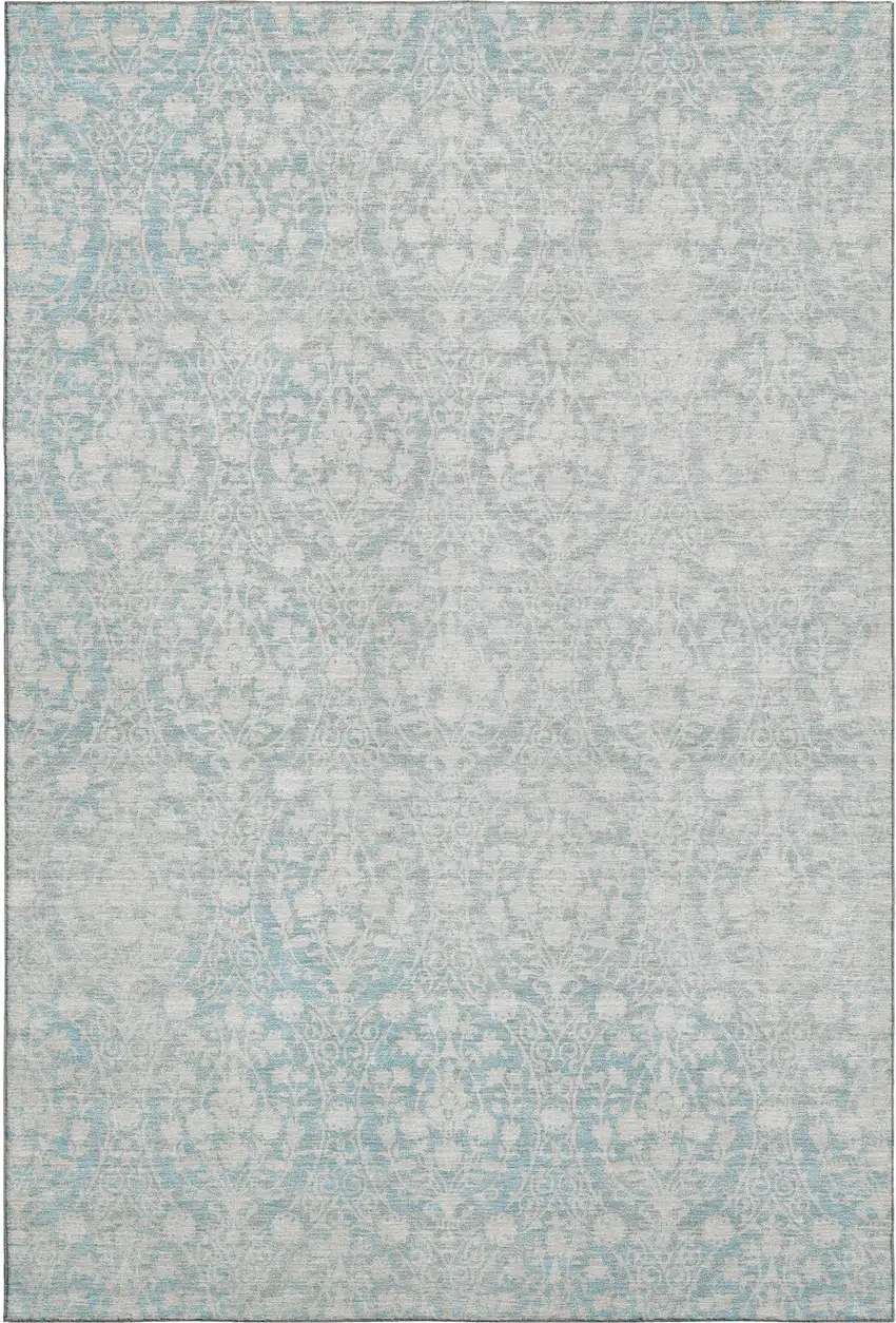 Aqua And Ivory Damask Washable Area Rug With UV Protection Photo 1