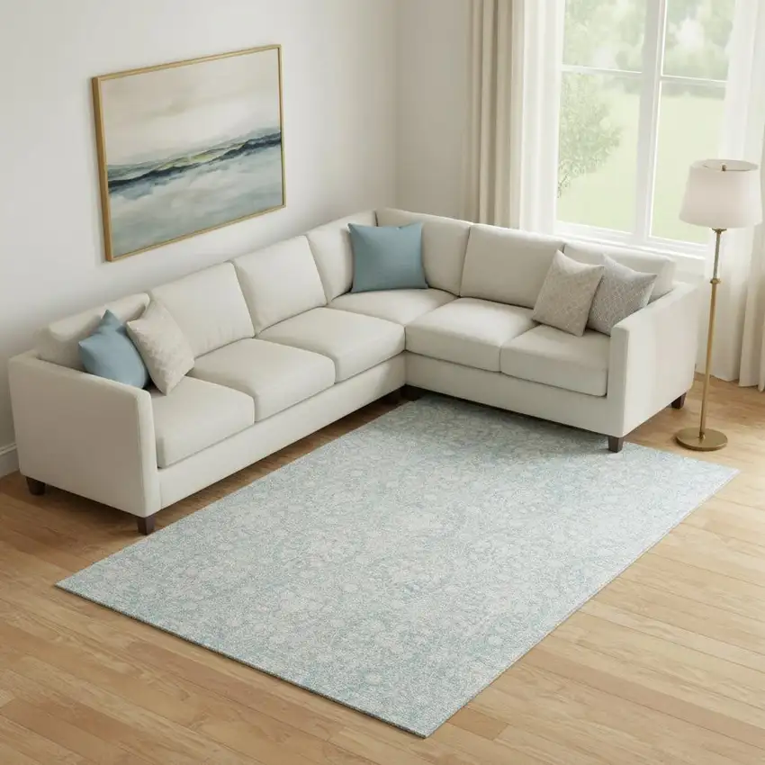 Aqua And Ivory Damask Washable Area Rug With UV Protection Photo 2