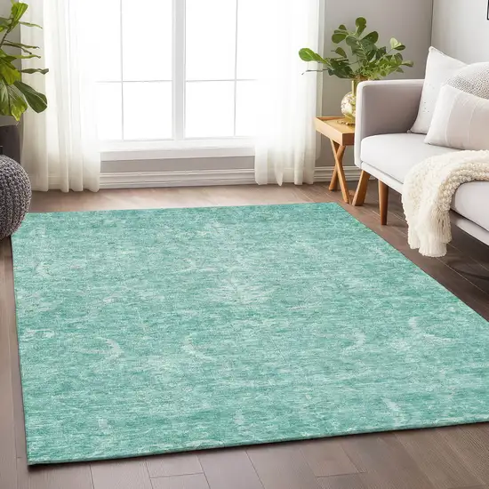 Aqua And Ivory Damask Washable Indoor Outdoor Area Rug Photo 8