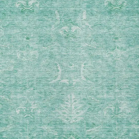 Aqua And Ivory Damask Washable Indoor Outdoor Area Rug Photo 5