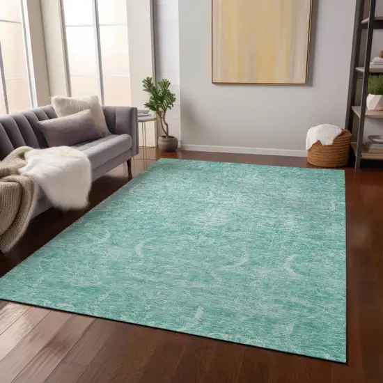 Aqua And Ivory Damask Washable Indoor Outdoor Area Rug Photo 9