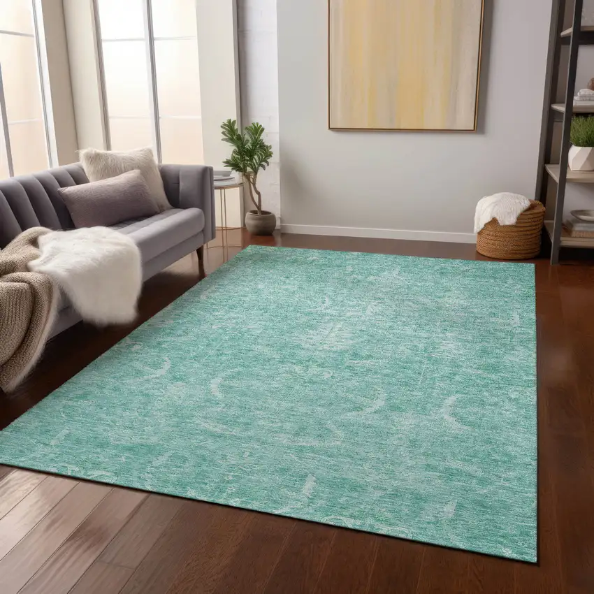 Aqua And Ivory Damask Washable Indoor Outdoor Area Rug Photo 9