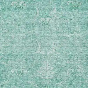 Photo of Aqua And Ivory Damask Washable Indoor Outdoor Area Rug