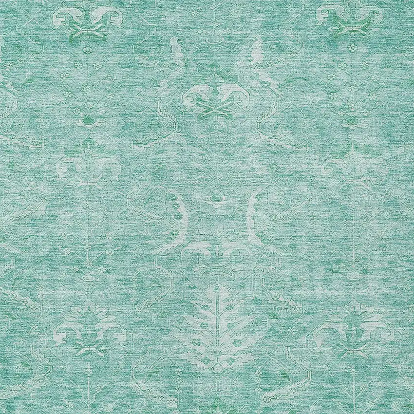 Aqua And Ivory Damask Washable Indoor Outdoor Area Rug Photo 5