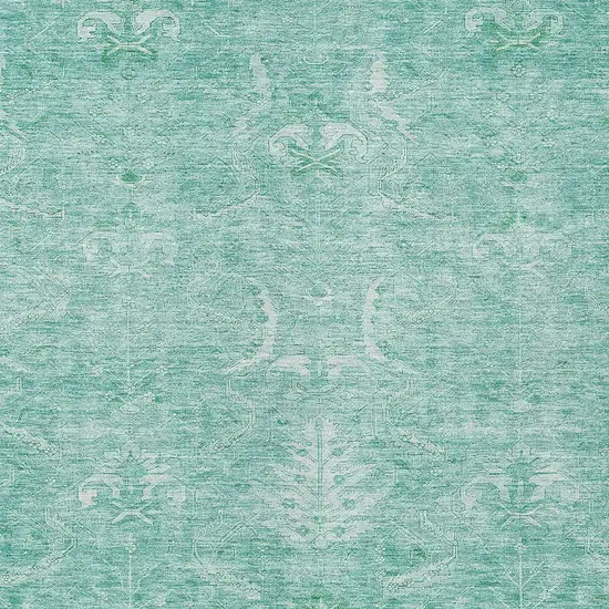 Aqua And Ivory Damask Washable Indoor Outdoor Area Rug Photo 5