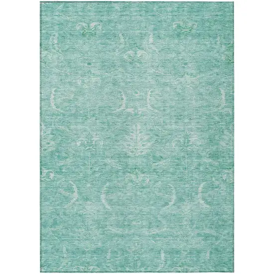 Aqua And Ivory Damask Washable Indoor Outdoor Area Rug Photo 3