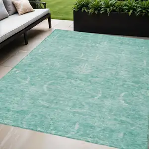 Photo of Aqua And Ivory Damask Washable Indoor Outdoor Area Rug
