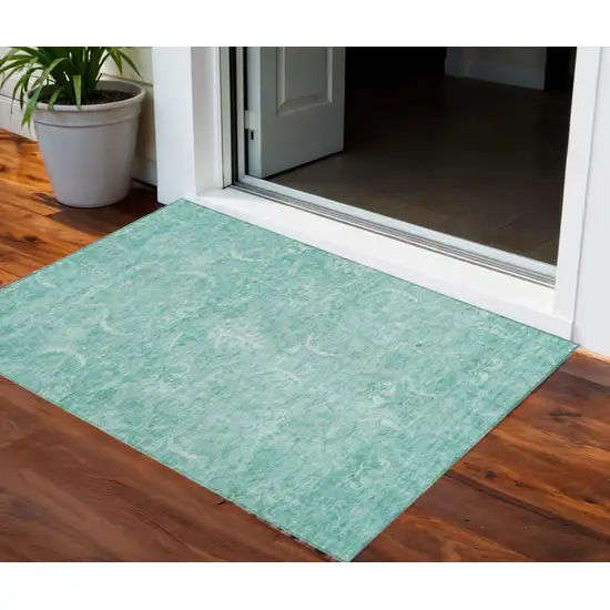Aqua And Ivory Damask Washable Indoor Outdoor Area Rug Photo 2