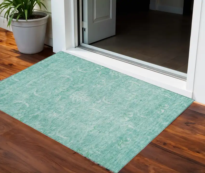 Aqua And Ivory Damask Washable Indoor Outdoor Area Rug Photo 2