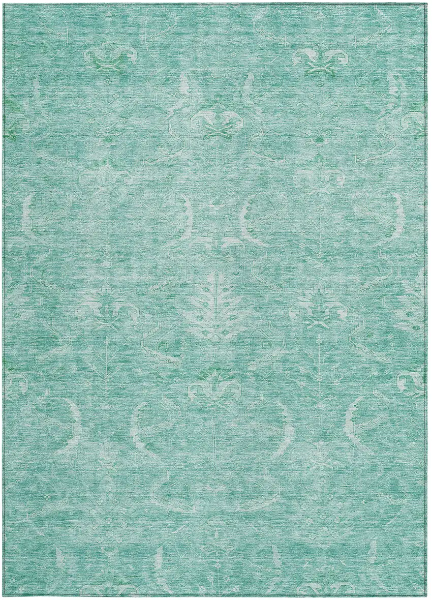 Aqua And Ivory Damask Washable Indoor Outdoor Area Rug Photo 7