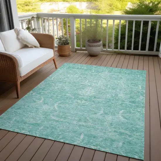 Aqua And Ivory Damask Washable Indoor Outdoor Area Rug Photo 8