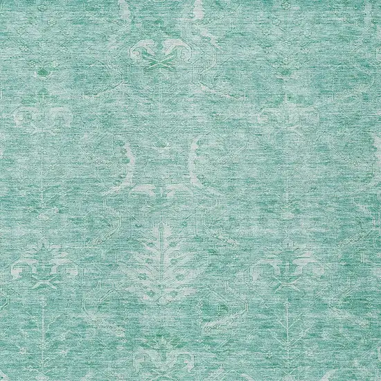 Aqua And Ivory Damask Washable Indoor Outdoor Area Rug Photo 6