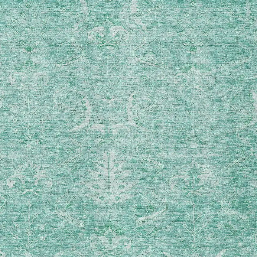Aqua And Ivory Damask Washable Indoor Outdoor Area Rug Photo 6
