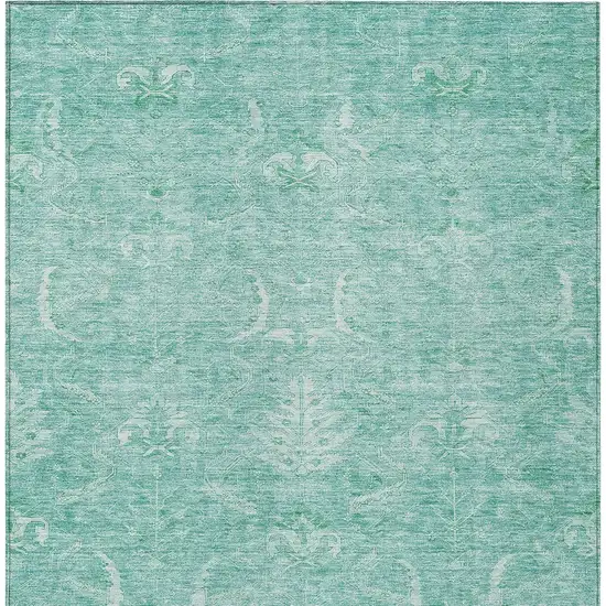 Aqua And Ivory Damask Washable Indoor Outdoor Area Rug Photo 6