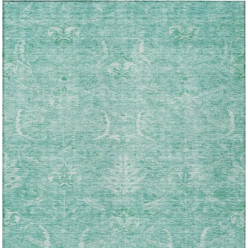 Aqua And Ivory Damask Washable Indoor Outdoor Area Rug Photo 6
