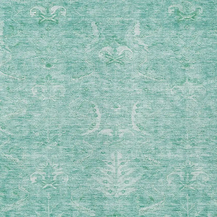 Aqua And Ivory Damask Washable Indoor Outdoor Area Rug Photo 5