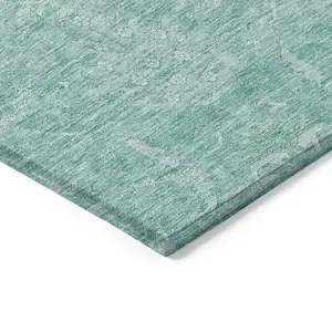 Photo of Aqua And Ivory Damask Washable Indoor Outdoor Area Rug