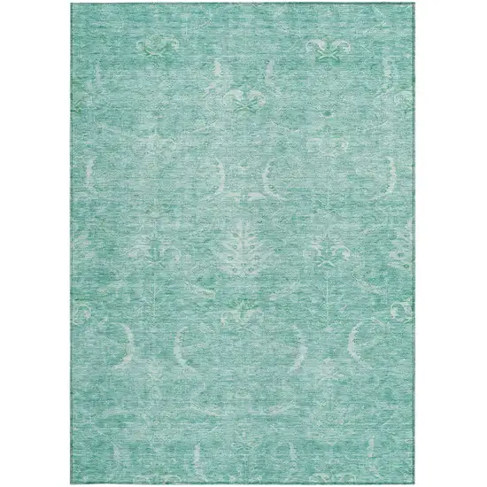 Aqua And Ivory Damask Washable Indoor Outdoor Area Rug Photo 6