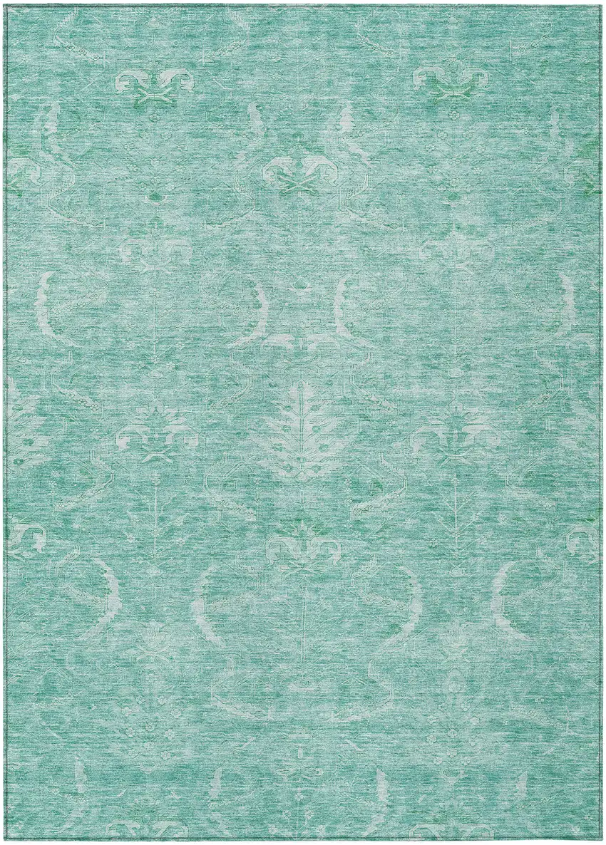 Aqua And Ivory Damask Washable Indoor Outdoor Area Rug Photo 2