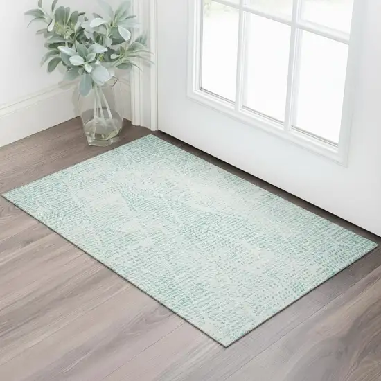 Aqua And Ivory Diamond Washable Area Rug With UV Protection Photo 1