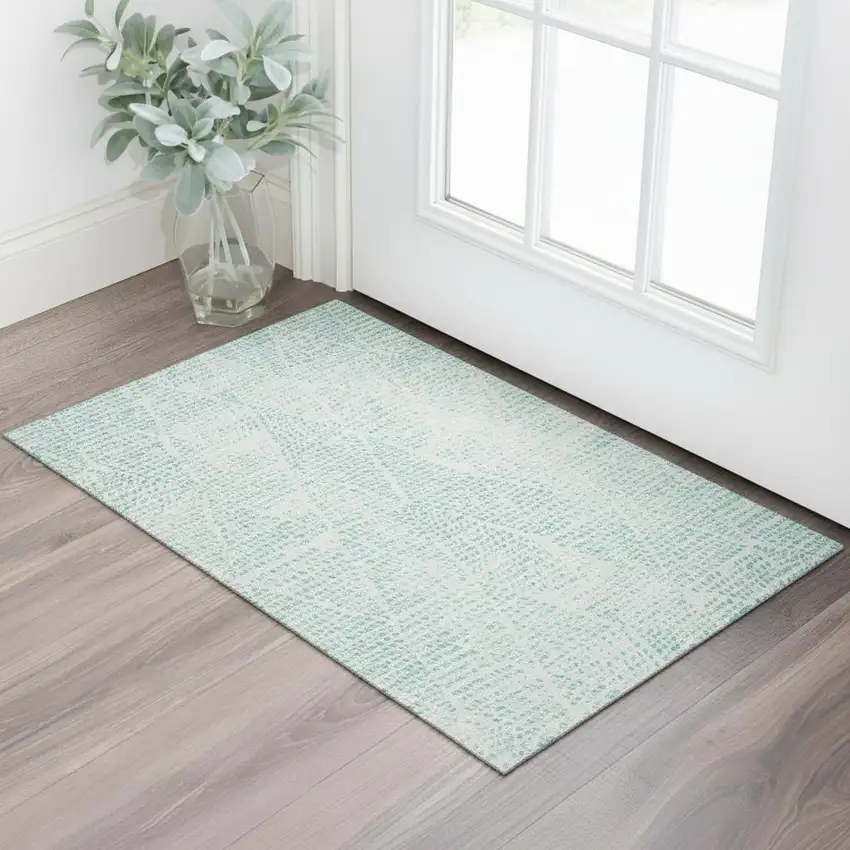 Aqua And Ivory Diamond Washable Area Rug With UV Protection Photo 1