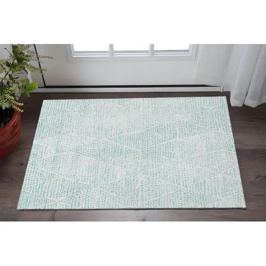 Aqua And Ivory Diamond Washable Area Rug With UV Protection Photo 2