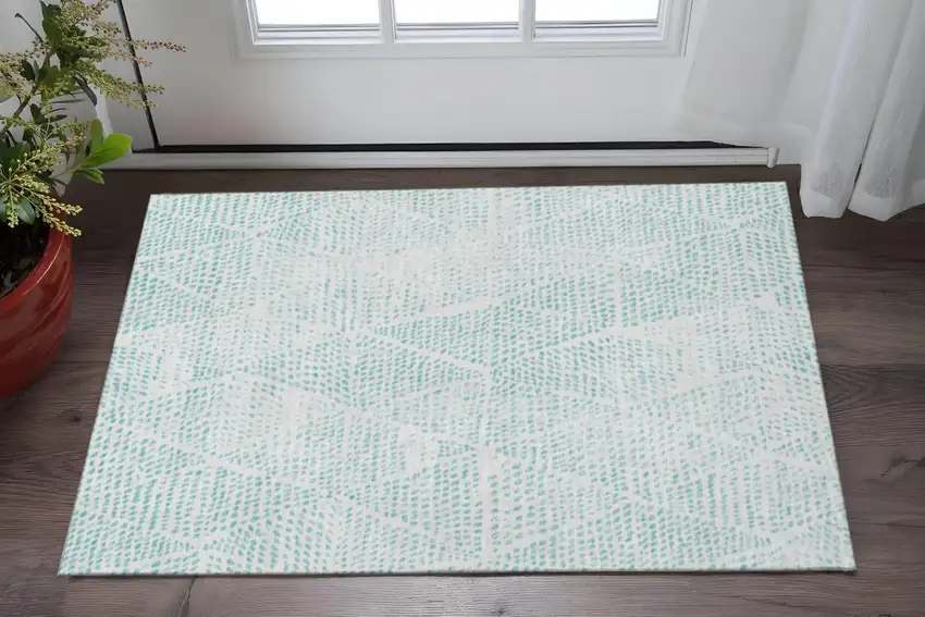 Aqua And Ivory Diamond Washable Area Rug With UV Protection Photo 2