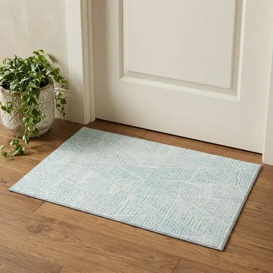 Aqua And Ivory Diamond Washable Area Rug With UV Protection Photo 1